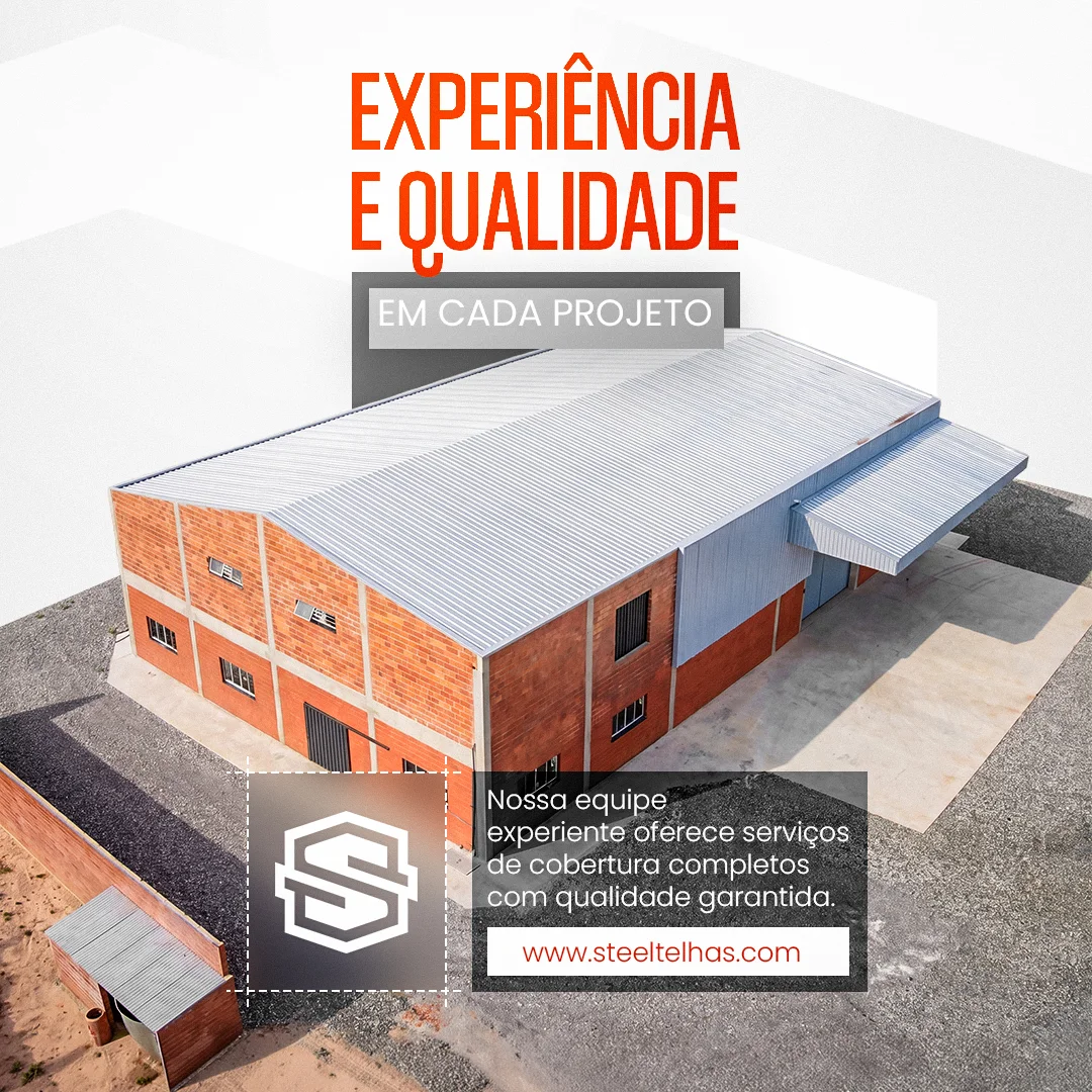 Vista aérea de galpão industrial com cobertura metálica, em post da Steel Telhas sobre experiência e qualidade em cada projeto