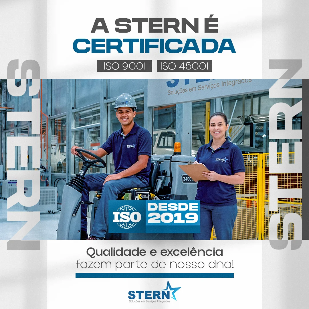 Post da Stern comunicando as certificações ISO 9001 e ISO 45001 declaradas pela empresa, com dois colaboradores uniformizados em planta industrial