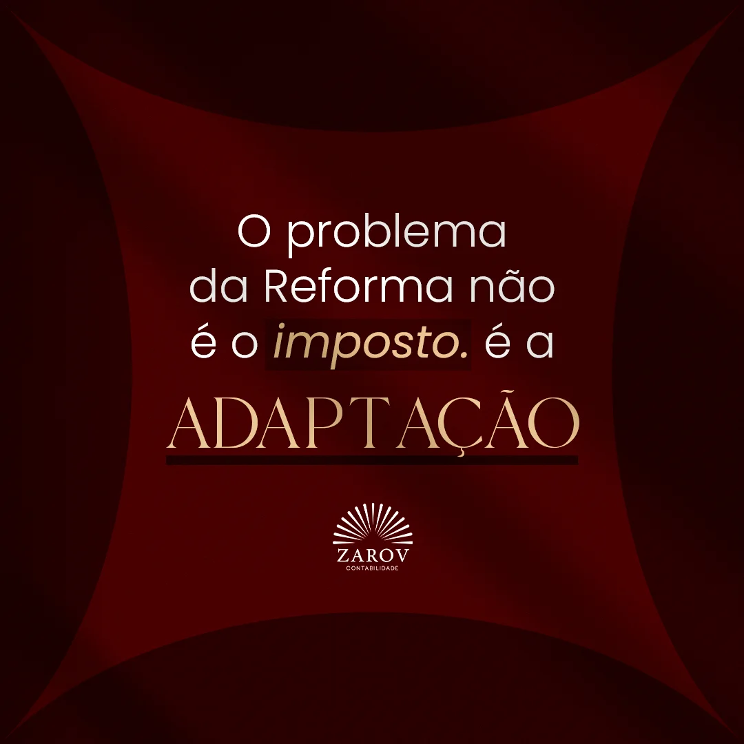 Card tipográfico da Zarov sobre a Reforma Tributária em fundo de seda bordô com letras douradas