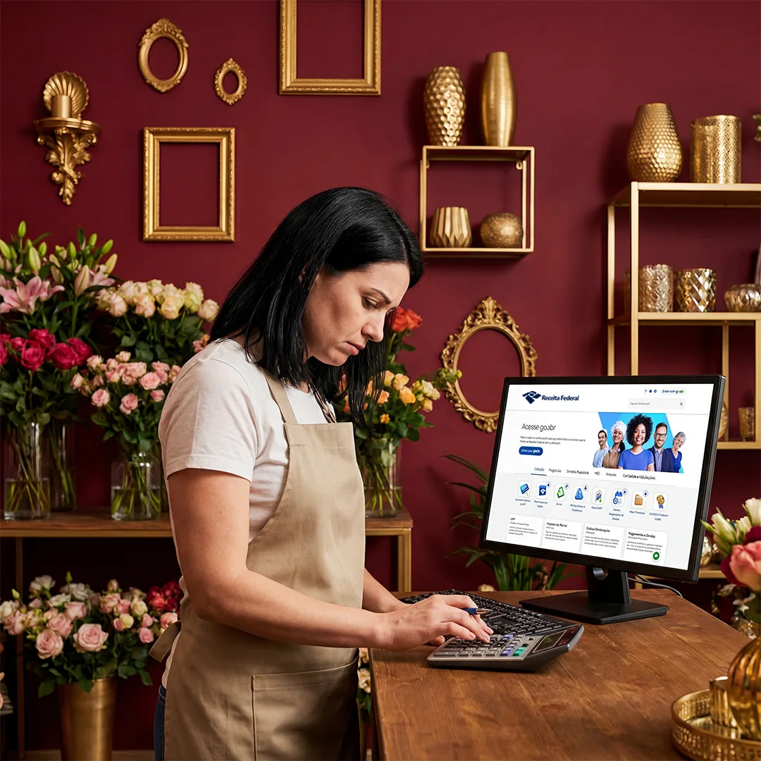 Florista consultando o site da Receita Federal em um monitor dentro de loja decorada em bordô e dourado