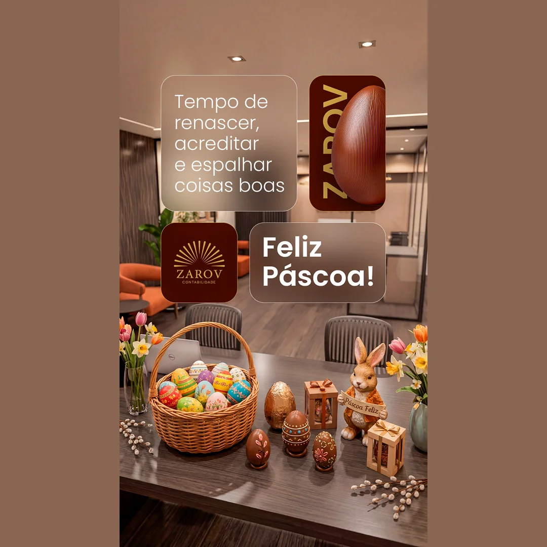 Story de Páscoa da Zarov Contabilidade com cards de vidro fosco, cesta de ovos coloridos e coelho decorativo