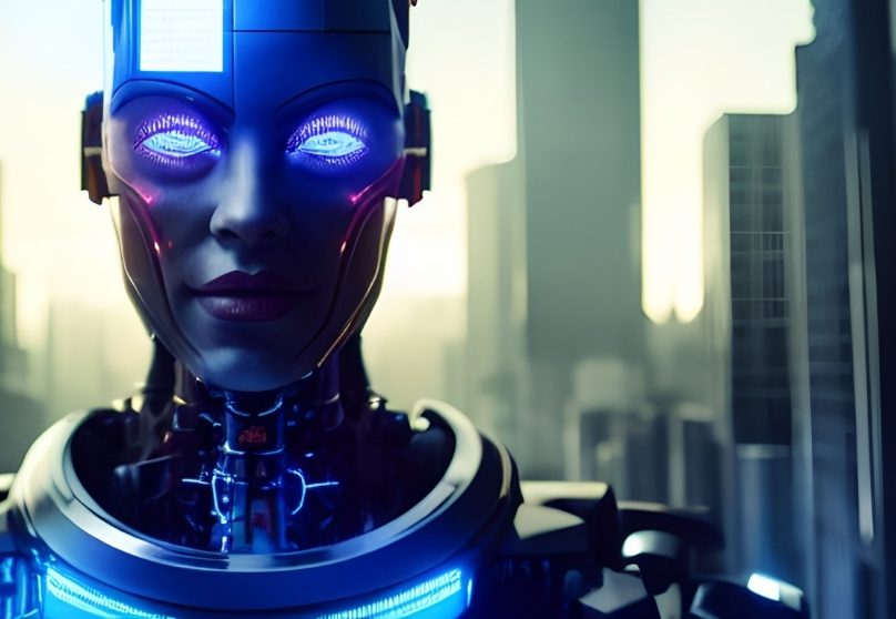 Futuristic humanoid robot with glowing blue eyes in a city skyline background