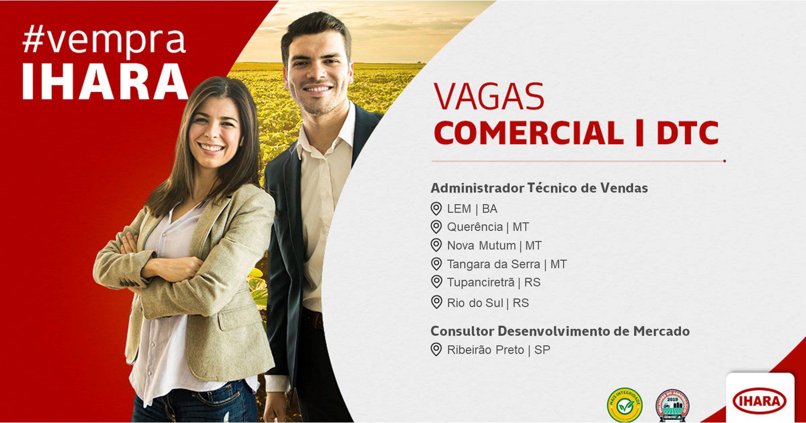 Design para postagem de vagas comerciais no LinkedIn da Ihara