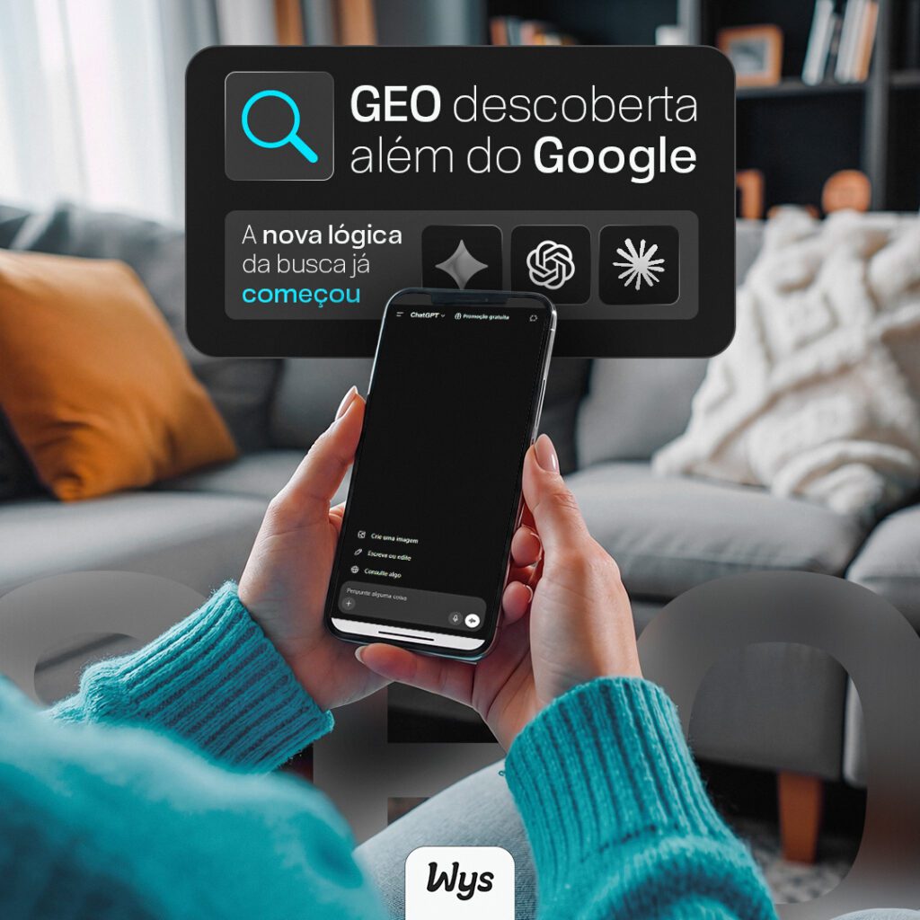 Person holding a smartphone with a dark promotional panel showing text about GEO discovery beyond Google in Portuguese GEO descoberta além do Google and subtitle lines